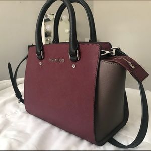 MICHAEL KORS RED AND GREY SATCHEL BAG